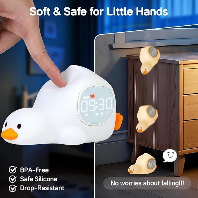 Alarm Clock for Kids with Night Light, Sleep Training Clock Time to Wake Clock, Rechargeable Silicone Light for Bedroom, Perfect Sleep Companion for Boys Girls, Laying Duck