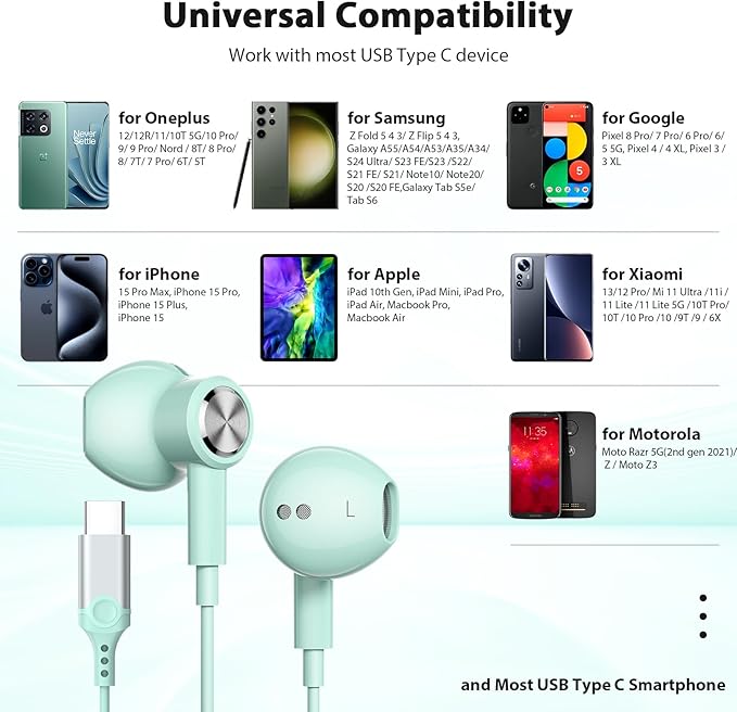 USB C Headphones for iPhone 17 Air 16e 16 Pro Max 15 Plus, Type C Headphone Wired Earbuds with Mic HiFi Magnetic Sport Earphone for iPad Pro Air Samsung Flip Fold 6 Galaxy S25 S24 S23 OnePlus 13 12 9