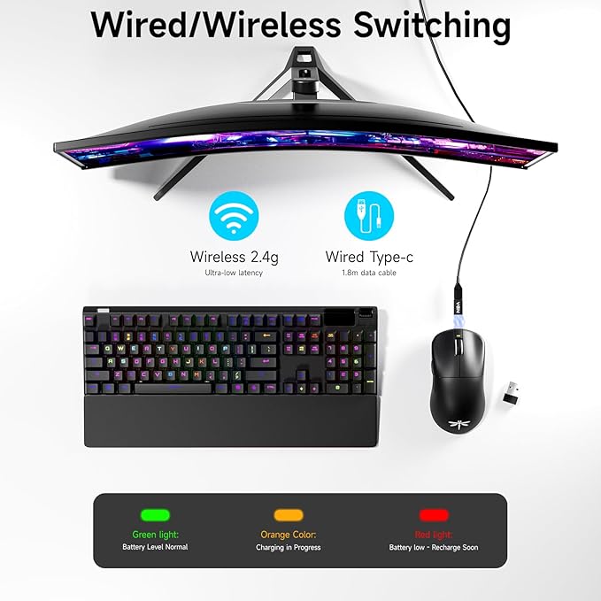 VGN F1 Pro Max Wireless Gaming Mouse - 55g Ultralight - 26000 Adjustable DPI - 1000Hz Polling Rate - 200h Battery - Wireless & Wired Mode - 6 Programmable Buttons - Professional Grade - USB-C - Black