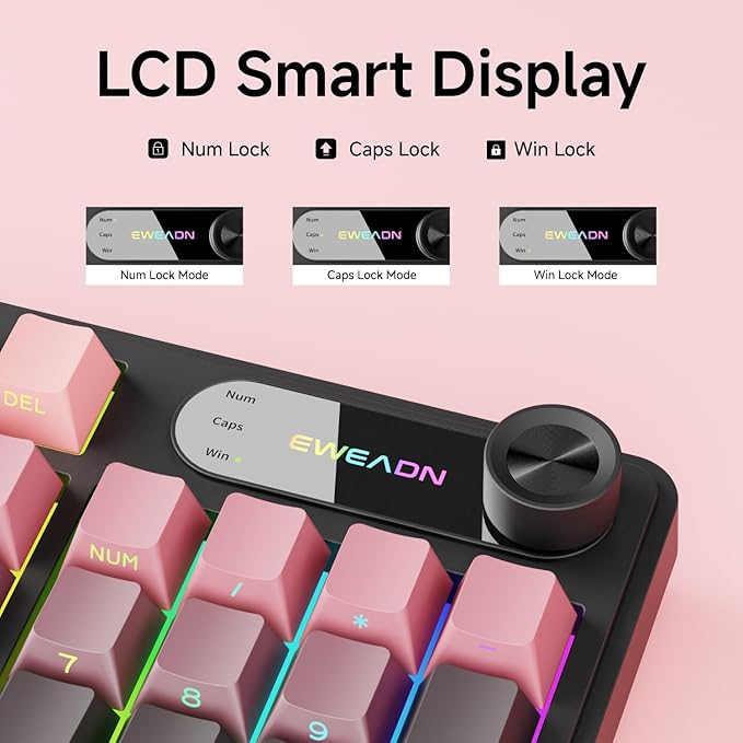 V102 Wired Keyboard, 98 Keys Creamy Gaming Keyboard with Number Pad, Display Screen & Media Knob RGB Silent Wired Cute Computer Keyboard for Laptop PC Gamer-Black Pink