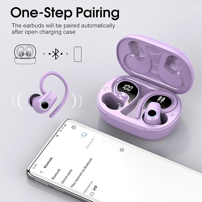 Wireless Earbuds, 2023 Bluetooth Headphones 5.3 Sport, 50H Ear buds with Earhooks, Dual LED Display Bluetooth Earbuds, Deep Bass Stereo Noise Cancelling Headphones, IP7 Waterproof Earphones, Purple