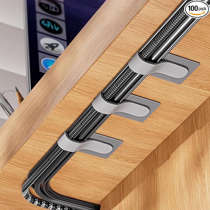 100 Pcs Hook and Loop Cable Straps,Self Adhesive Hook and Loop Cable Ties,Adjustable Cord Organizers for Desk,Reusable Wire Organizers for Cords,Cord Organizer (Grey)