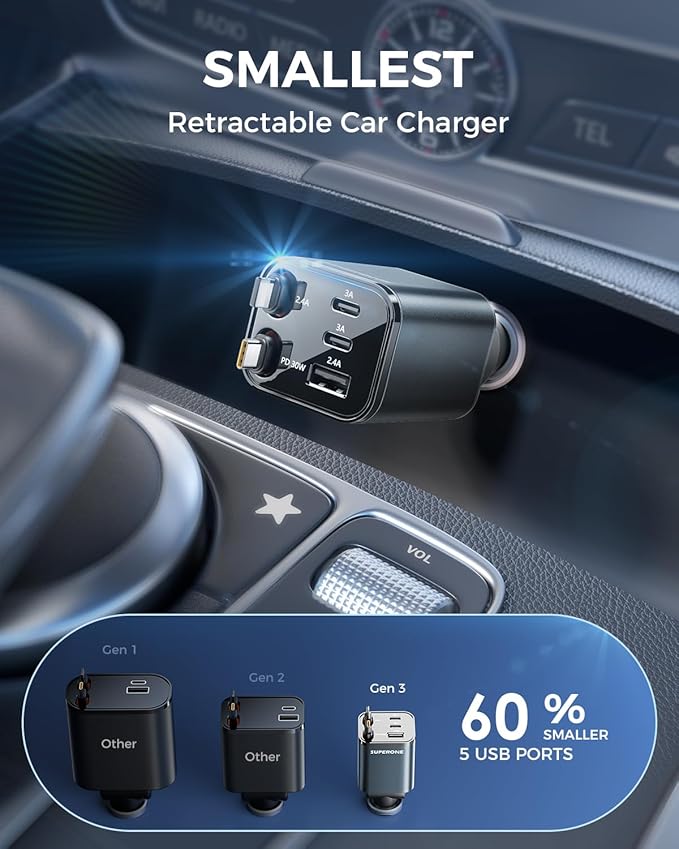 Upgraded SUPERONE Retractable Car Charger, [Ultra-Compact] 5-Port Car Charger USB C, iPhone Car Chargers Fast Charging with Dual Cable, Car Accessories Adapter for iPhone 17/16/15/14/13, Galaxy, Pixel