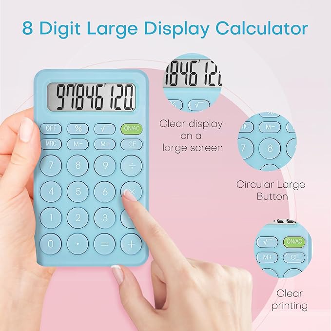 Basic Cute Calculator Four Function for Teachers Students Basics Office, Small Handheld Calculator, 8 Digit with LCD Display, Sensitive Button, 5.5×3.2 inches Blue