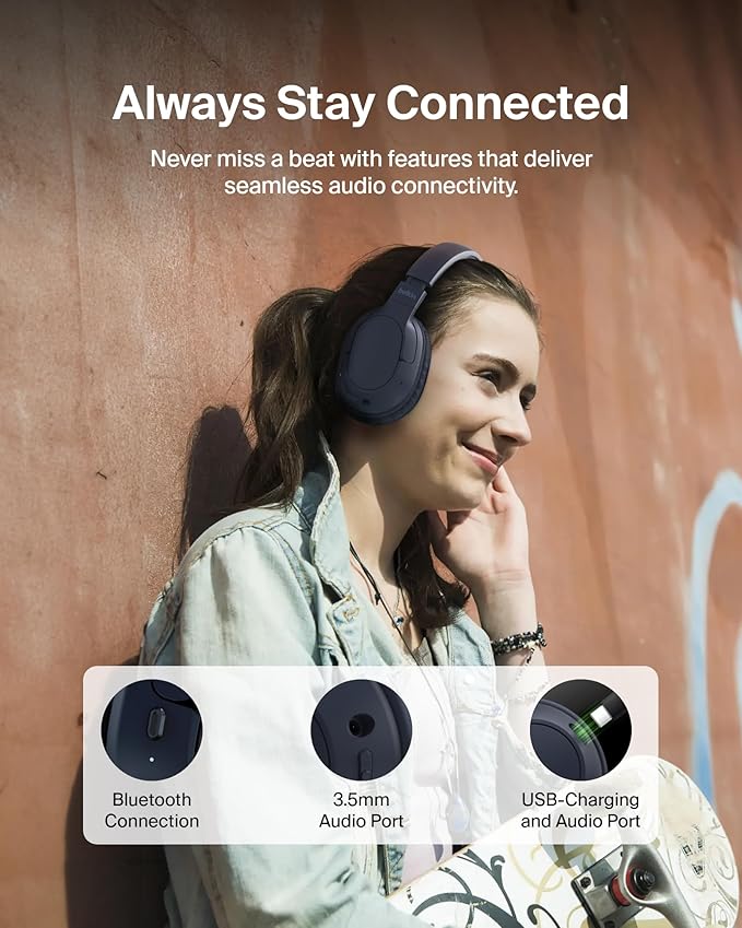 Belkin SoundForm Surround Bluetooth Over-Ear Headphones - Environmental Noise Cancelling Headphones - Wireless w/ 60H Playtime & Soft Ear Cups for iPhone, Galaxy, iPad, Travel, Home, or Office - Blue