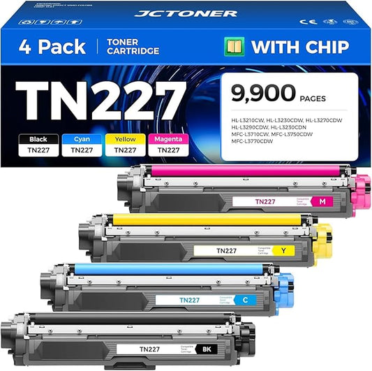 TN227 Toner Cartridge Set 4-Pack Replacement for Brother TN-227 TN223 Compatible with Color HL-L3270CDW HL-L3210CW MFC-L3770CDW HL-L3290CDW MFC-L3750CDW L3710CW HL-L3230CDW L3230CDN Printer Ink Black