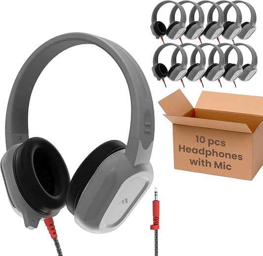 Brenthaven Wired Headphones with Mic 10-Pack | 3.5 mm Jack On-Ear Rugged 2 Adjustable Headphones with Long Tangle Free Cord - Lightweight Durable & Drop Tested School Supplies for Kids - Gray
