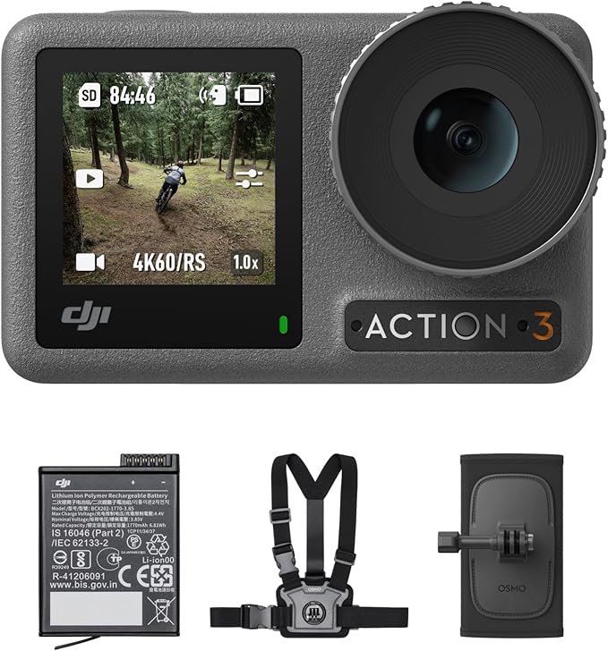 DJI Osmo Action 3 Outdoor Combo - 4K/120fps Action Camera with Chest & Backpack Strap Mount for Hiking and Cycling, Super-Wide FOV, HorizonSteady, Cold Resistant & Up to 320 Mins with 2 Batteries
