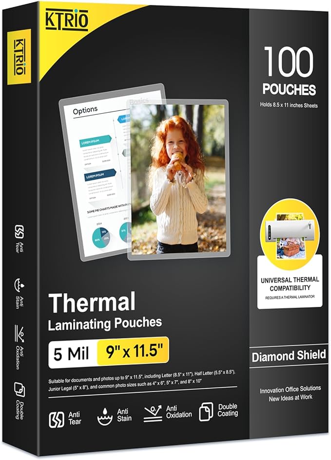 KTRIO Laminating Sheets 5 Mil, Hold 8.5 x 11 inches Sheet, 100 Pack, Clear Thermal Laminate Pouches for Laminator, 9 x 11.5 inches Lamination Sheets for School, Home & Office