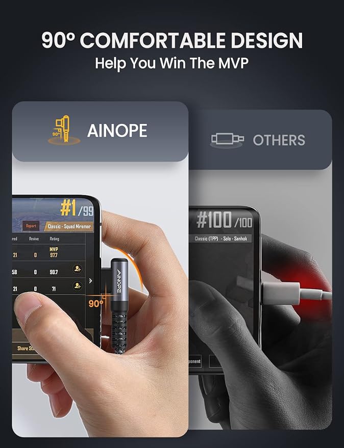 AINOPE USB C Cable 60W 2-Pack 6.6ft Nylon Braided USB C to USB C Cable Type C Charger Fast Charging Right Angle USBC Cable Charger Cord for iPhone 16 Pro Max 15 Plus Samsung S24 S23 iPad Space Gray