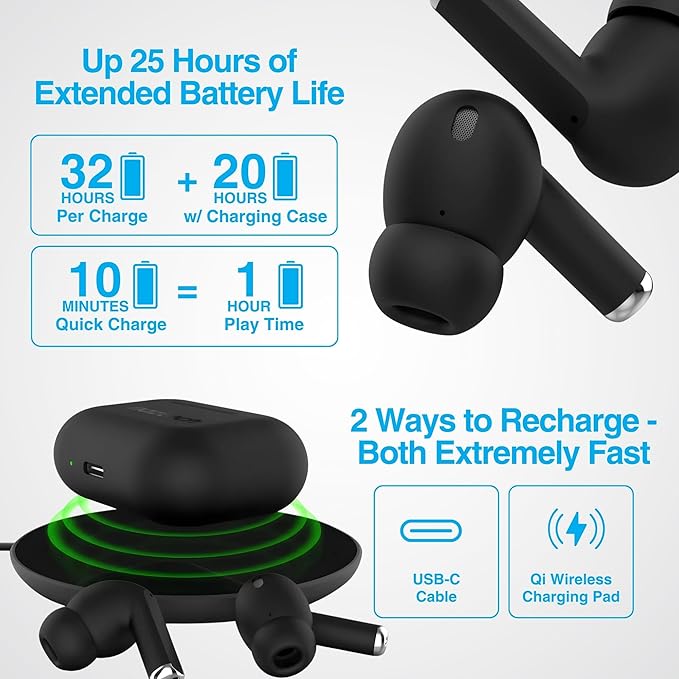 Naztech Xpods PRO Ear Buds - (Black) True Wireless Earbuds Noise Cancelling Earbuds Wireless Bluetooth Earphone for Gym Sound Cancelling in Ear Headphones Fitness Earphones Includes Charging Case