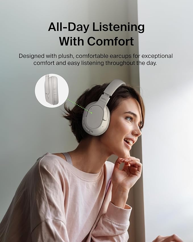 Belkin SoundForm Surround Bluetooth Over-Ear Headphones - Environmental Noise Cancelling Headphones - Wireless w/ 60H Playtime & Soft Ear Cups for iPhone, Galaxy, iPad, Travel, Home, or Office - Sand