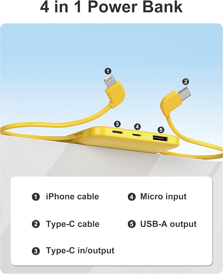 miisso 10000mAh Slim Portable Charger with Built in Cable, Power Bank Travel Charger External Battery Pack for Phone, 4 Output USB Type C Cord Clutch Charger Compatible with iPhone, Yellow