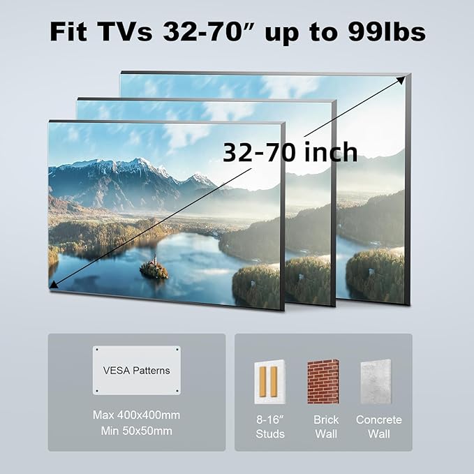 UL Listed Full Motion TV Wall Mount Bracket for Most 32-70 inch TVs, Swivel Extend Tilting TV Mount, Max VESA 400x400mm, Holds up to 99 lbs & 16" Wood Studs with Hole Drilling Template