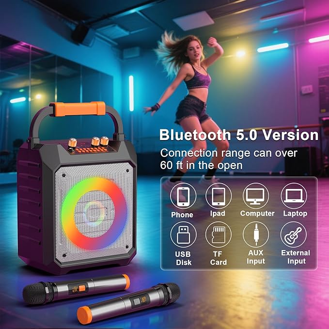 Portable Karaoke Machine with 2 Wireless Microphones for Adults Gifts,5 LED Lights Mode,Outdoor Bluetooth Speakers with PA System for Home,Party,Singing,Classroom,Supports TF/SD/USB/AUX in/FM/REC