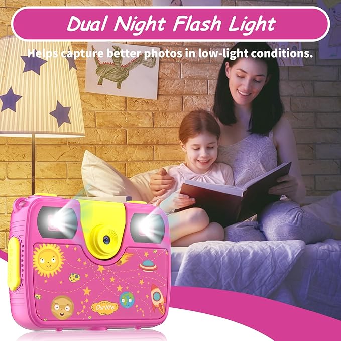 Ourlife Kids Underwater Camera,Waterproof Cameras Toys for Toddler,1080P 2.4'' Large Screen Cam Digital Camera with 8GB Card,Fill Light,Christmas Birthday Gift for Girls Ages 3-12 (Pink)