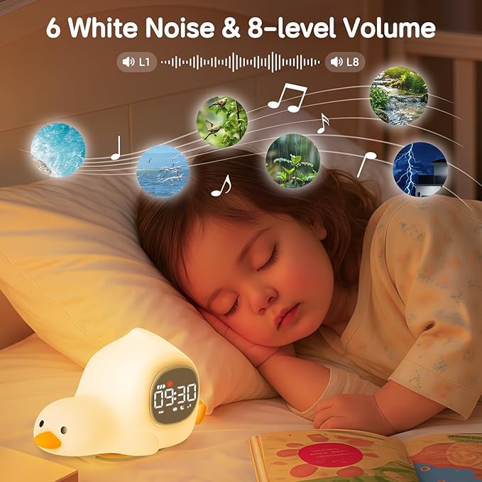 Alarm Clock for Kids with Night Light, Sleep Training Clock Time to Wake Clock, Rechargeable Silicone Light for Bedroom, Perfect Sleep Companion for Boys Girls, Laying Duck