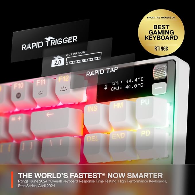 SteelSeries Apex Pro TKL Gen 3 White OmniPoint 3.0 Switches — Adjustable Actuation — Rapid Trigger — Game-Ready Presets — Protection Mode — Rapid Tap/SOCD — OLED — RGB — PBT Keycaps — USB-C