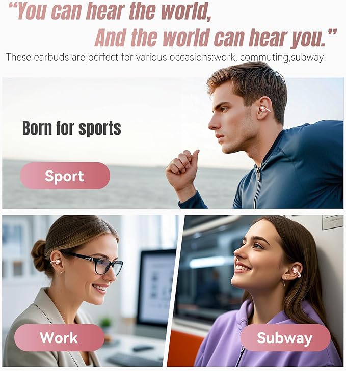 King Lucky Clip on Earbuds Open Ear Wireless Bluetooth 5.4 Headphones with Mic,50H Play,Noise Cancelling,Waterproof,Sports Ear Buds,Comfortable for Small Ears & Glasses Wearers,Workouts (Pink)