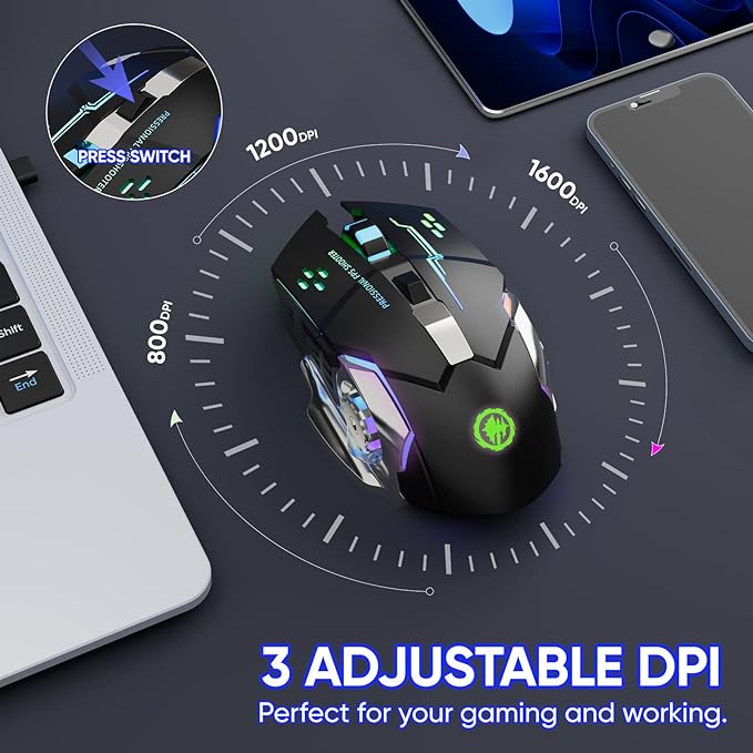 Wireless Gaming Mouse Bluetooth Mouse RGB Rechargeable 2.4G USB Cordless Computer Mice with 7 Color Backlit, 6 Buttons & Silent Click for Laptop, iPad, Mac OS, PC, Windows -Black