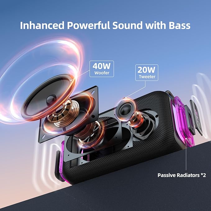 ZEALOT Bluetooth Speaker, 60W(Peak) Speaker Bluetooth Wireless, Portable Outdoor Speakers IPX6 Waterproof, Stereo Loud Sound with Deep Bass,Dual Pair/BT5.3/EQ/TF/AUX, for Pool/Party/Travel