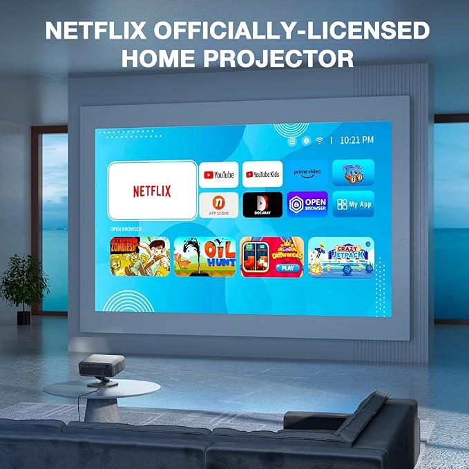 [Netflix Officially&AI Auto Focus]AuKing Smart Projector with Wifi,Bluetooth,Auto Focus&Keystone Projector,3DDoIby Audio, Native 1080P Outdoor Projector with Omnidirectional Rotating Stand Grey