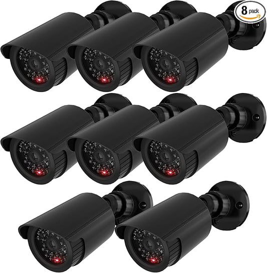 WALI Dummy Fake Simulated Surveillance Security CCTV Dome Camera Indoor Outdoor with One LED Light, Warning Security Alert Sticker Decal (TC-B8), 8 Packs, Black