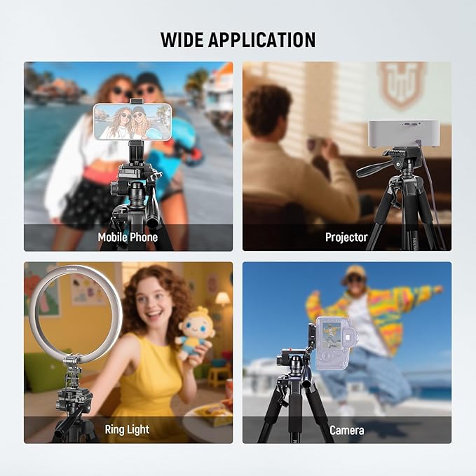 NEEWER BASICS Camera Tripod, 71'' Tripod with Cell Phone Holder Mount Compatible with iPhone for Video Recording, Professional Aluminum Lightweight Portable Travel Stand with 3 Way Pan Tilt Head, TP55