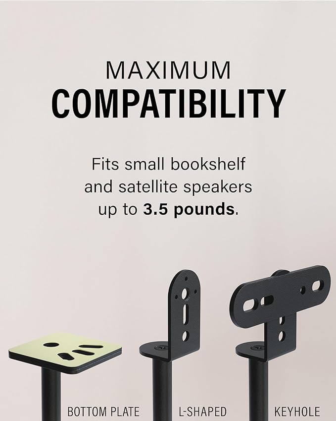 SANUS Speaker Stands Pair for Satellite & Bookshelf Speakers up to 3.5lbs – 10” Height Adjustment – Includes L-Shaped Bracket & Keyhole Adapter for Compatibility – Easy DIY Assembly