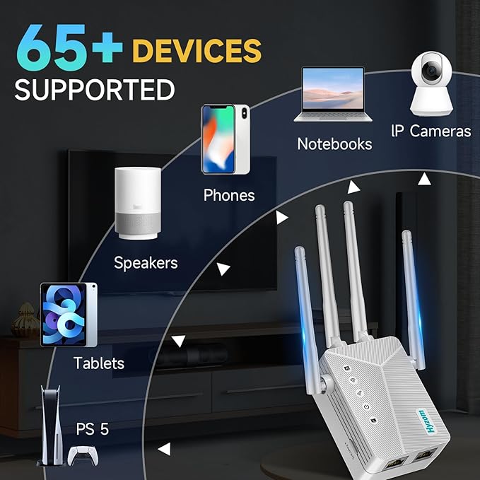 WiFi Extender Signal Booster for Whole Home & Backyard - 10K Sq.Ft Coverage w/4 Antennas | 90% Faster Internet Booster w/Ethernet Port, Easy Setup Wireless Repeater Works with Any Router | Long Range