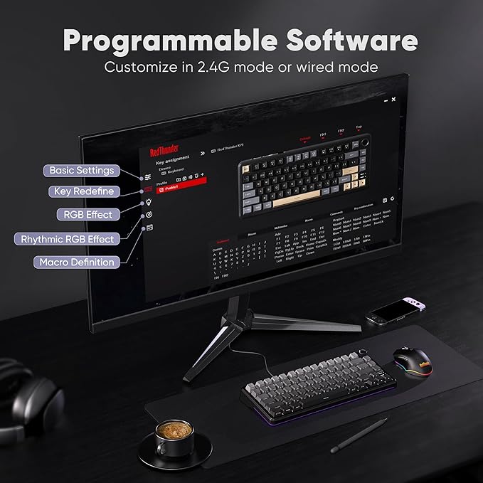 RedThunder K75 Wireless Mechanical Gaming Keyboard, 75% Hot Swappable Creamy Keyboard with Knob, RGB Backlit, Pre-lubed Linear Switches, Side Printed PBT Keycaps, Wireless/Wired/BT5.0 Connection Mode