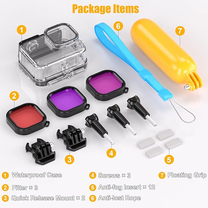 Waterproof Case with Dive Filters for GoPro Hero 13 /Hero 12 /Hero 11 /Hero 10 /Hero 9 Black, 230FT/70M Underwater Protective Housing Dive Kit, Professional Action Camera Dive Accessory