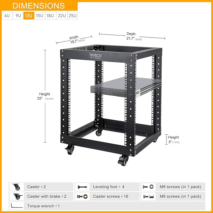 12U Server Rack Open Frame with Casters-RIVECO 4 Post Quick Assembly 19-inch, Data Rack Network Shelf Cabinet Heavy Duty Black