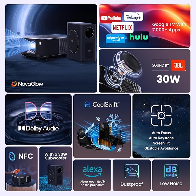 Yaber K3 Pro Projector with Subwoofer set Smart Projector with Google TV, 30W Speaker Sound by JBL, Dolby Audio, Home/Outdoor Movie Projector with WiFi6 and Bluetooth, Netflix 7000+app