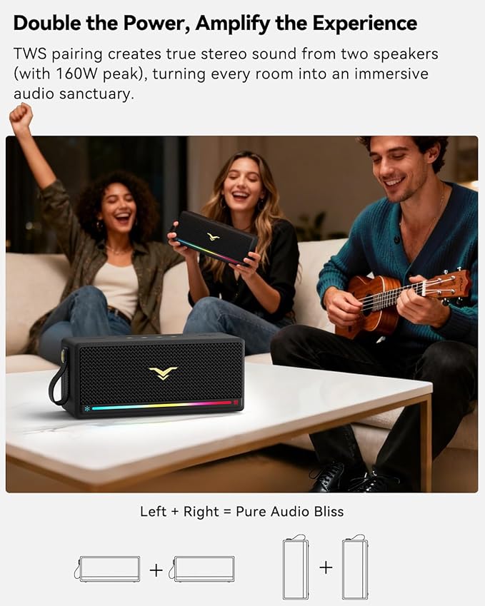 Bluetooth Speaker, 80W Peak Retro Speakers Bluetooth Wireless, Portable Loud Speaker with Deep Bass, IP67 Waterproof, LED Lights, TWS Pairing, 8-12H Playtime, TF/AUX/USB Input for Party, Home, Outdoor