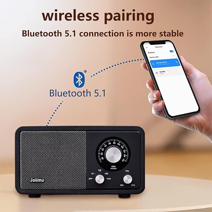 Portable FM Radio Bluetooth Speaker, 2600mAh Rechargeable, Built-in FM Antenna, SD Card Support, for Kitchen, Living Room, with Rotary Knob