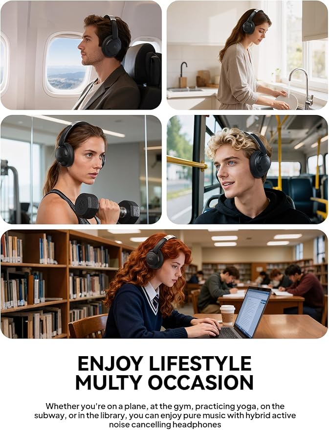Hybrid Active Noise Cancelling Headphones, Over-Ear Bluetooth Headphone, 60H Playtime, Deep Bass, Transparency Mode, Comfort Fit Ear Cups, White Elephant Gifts for Adults, Travel Office Home - Black