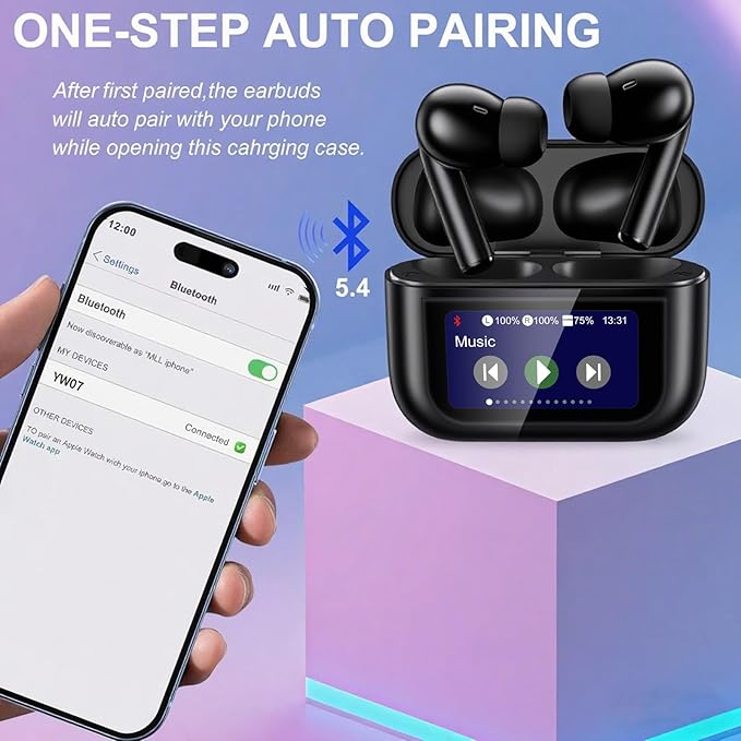 Wireless Earbuds, Earphones Wireless Bluetooth 5.4 In Ear Headphones, 40H Hifi Sound ANC Noise Canceling Earbuds, Touch Screen Ear Buds Multifunctional Headsets for Android/IOS Work Gym Sports (Black)