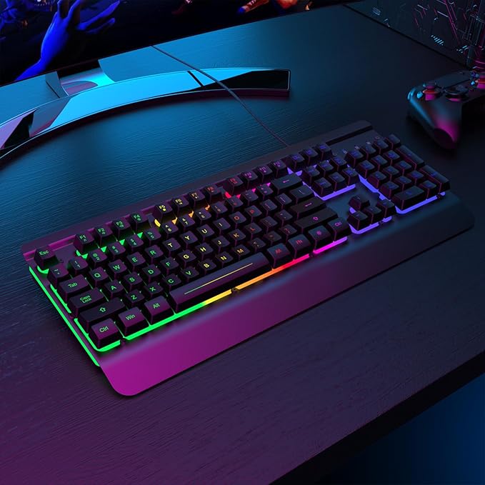 RisoPhy Gaming Keyboard, 104 Keys All-Metal Panel, Rainbow LED Backlit Silent Computer Keyboard, Wrist Rest, Multimedia Keys, Anti-Ghosting, Waterproof Light Up Wired Keyboard for PC Mac Gamer