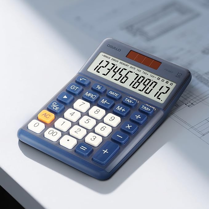 Pendancy Office Small Calculator Desktop with Tax+/- for Tax Calculation, 12 Digit Large LCD Display, Solar Battery Power, Durable Portable Design, Financial Accounting Business Home Use(OS-200T-Blue)