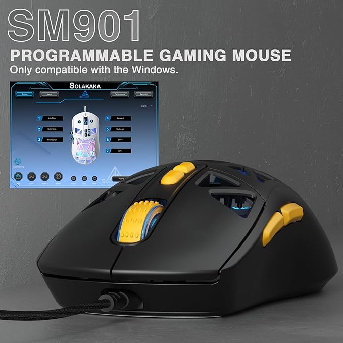 SM901 Gaming Mouse,13800DPI RGB Mouse with Programmable Buttons,53g Lightweight Wired Mouses for Gamer,Black