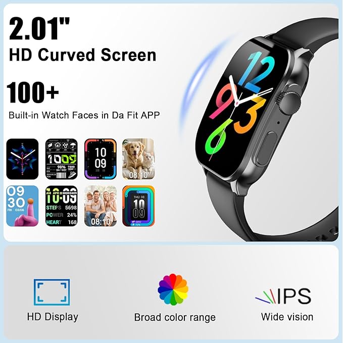 Smart Watches for Women Men, 2.01" AMOLED Curved Display Smart Watch with 100+ Workout Modes, Precision Motion Algorithm, Bluetooth Call & Text, Health, Fitness Tracker, Alexa Built-in IP68 Waterproof