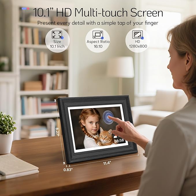 NexFoto Touchscreen Digital Picture Frame 10.1 Inch, WiFi Photo Frame Electronic 64GB, Add Photos from Google Photos, Easy to Share Videos via App/USB/Micro SD, for Mom/Birthday, Black Wood