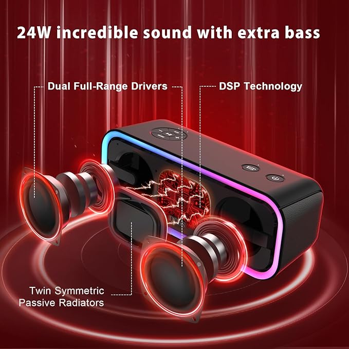 DOSS SoundBox Pro+ Bluetooth Speaker with 24W Impressive Sound, Extra Bass, IPX6 Waterproof, 15H Playtime, Wireless Stereo Pairing, Multi-Colors Light, Portable for Outdoor, Home, Party, Beach