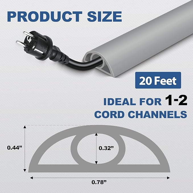 Floor Cord Cover for Wires on Floor Self Adhesive Cord Hider Floor Cable Management Wire Covers for Cords Protector Prevent Cable Trips Cord Cavity W 0.32" x H 0.32", Gray, 20Ft
