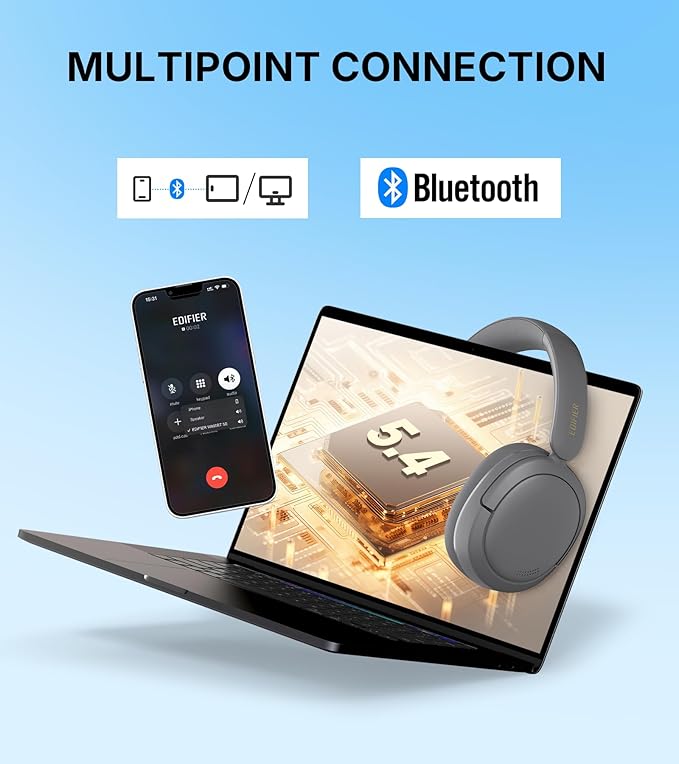 Edifier W800BT SE Wireless Over-Ear Bluetooth 5.4 Headphones - AI Call Noise Cancellation - 45H Playtime - Fast Charging - Dual Device- Game Mode - Foldable - Gray