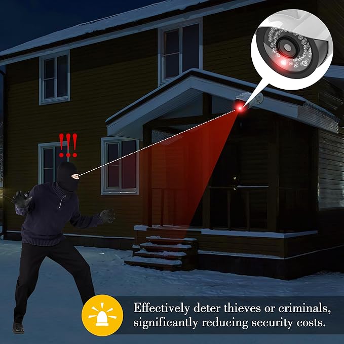 BNT Solar Powered Fake Security Camera, Bullet Shape Fake Surveillance Camera with Red LED Light for Night, Security Warning Sticker, for Outdoor Safety Alert (White 2Pack,Battery not Included)