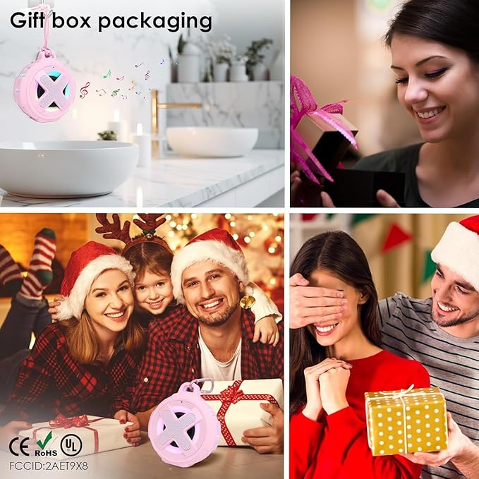 XLeader X8, Upgraded, Portable Bluetooth Speaker, Certified IP67 Waterproof Shower Speaker, Silicone Case, 10W Bass, 24H Playtime, Small, Floating, Lights, Clip, for Pool Beach Kayak Travel Gifts Pink