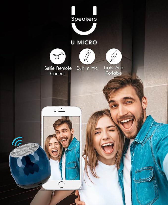 Fashionit U Micro - Small Bluetooth Speaker | Coin-Sized Speakers Bluetooth Wireless with Built-in Mic & Remote Shutter | Portable Rich Sound for Travel, Shower, Beach |Glam Midnight Blue