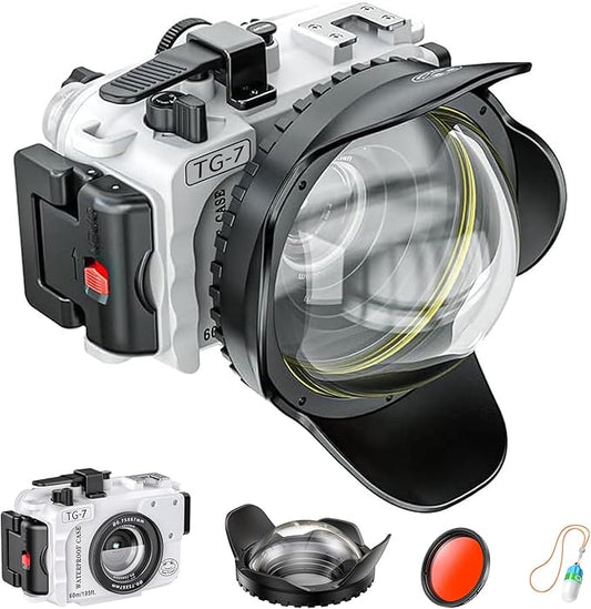 Seafrogs 60m/195ft Underwater Camera Housing for Olympus TG-7 – Waterproof Case with 52mm & 67mm Thread, Dual Fiber Optic Ports, Leak Detection, Stainless Steel Mounting Plate (TG-7-white)